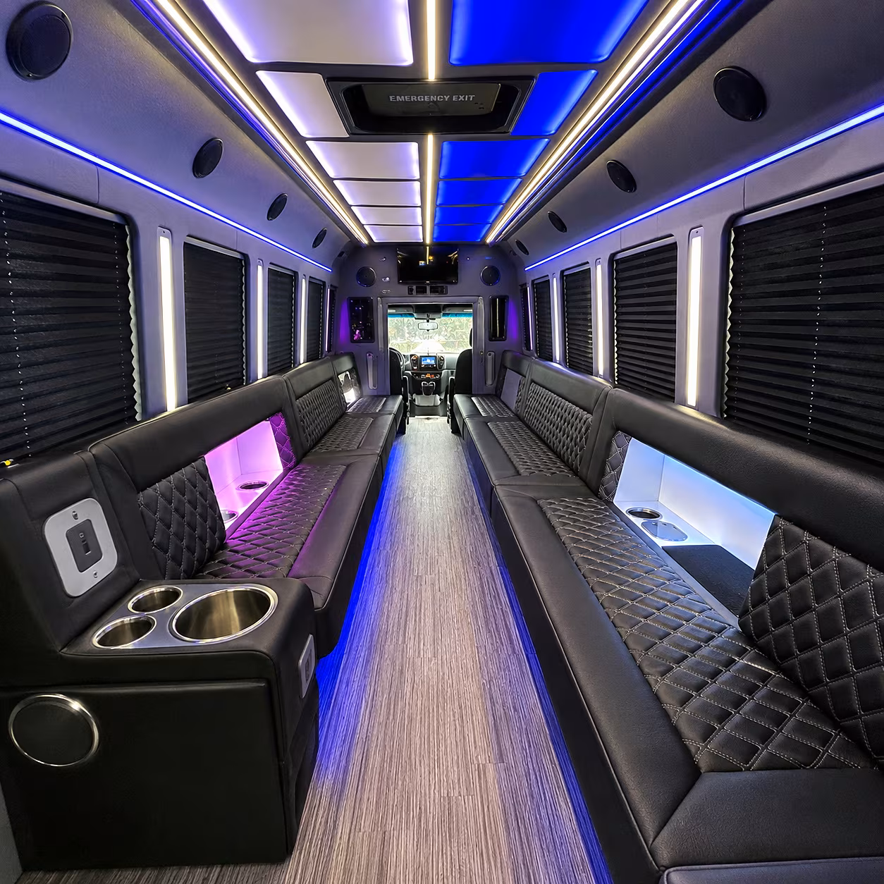 Interior of a party bus rental serving Tallahassee